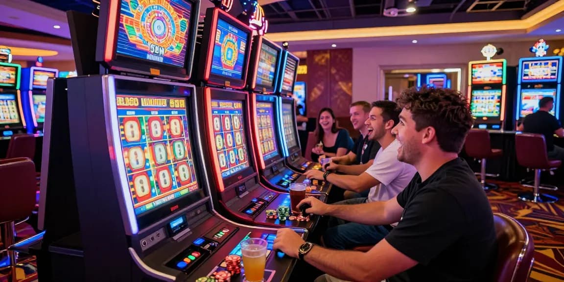 Exciting slot machine experience with diverse players in a modern casino.