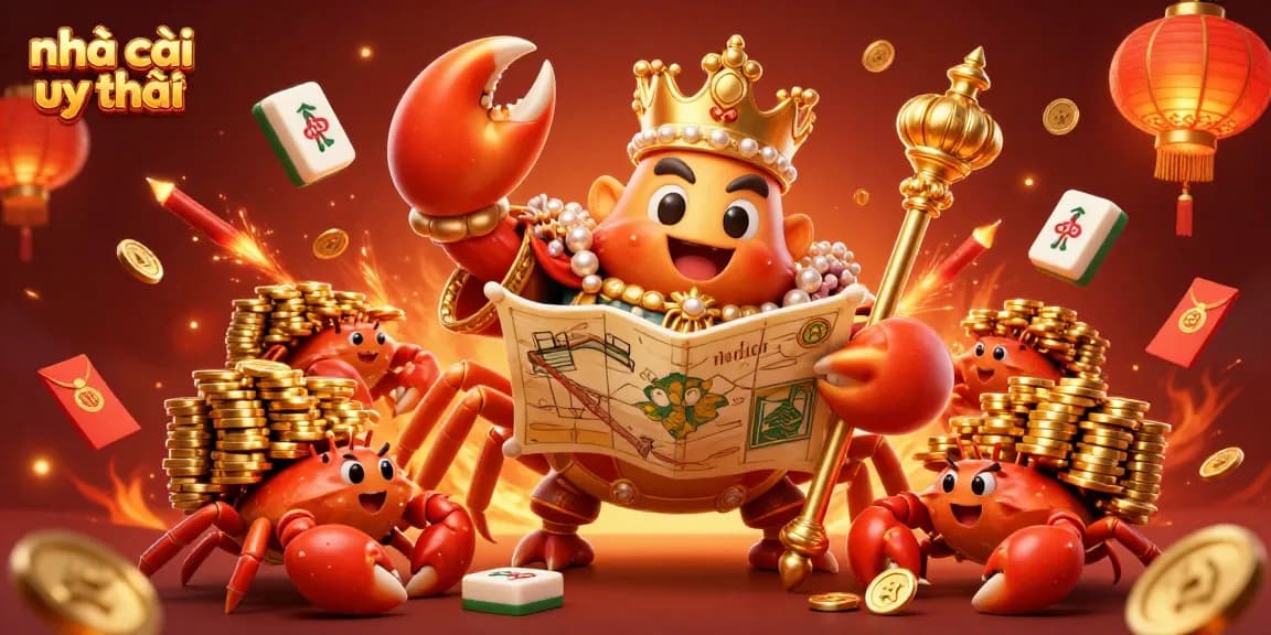 Engage with the vibrant 3D scene illustrating nhà cái uy tín, featuring the golden crab emperor in a rich casino setting.