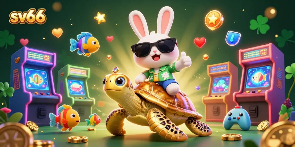 Experience the excitement of sv66 with an adorable rabbit and sea turtle amidst vibrant casino elements