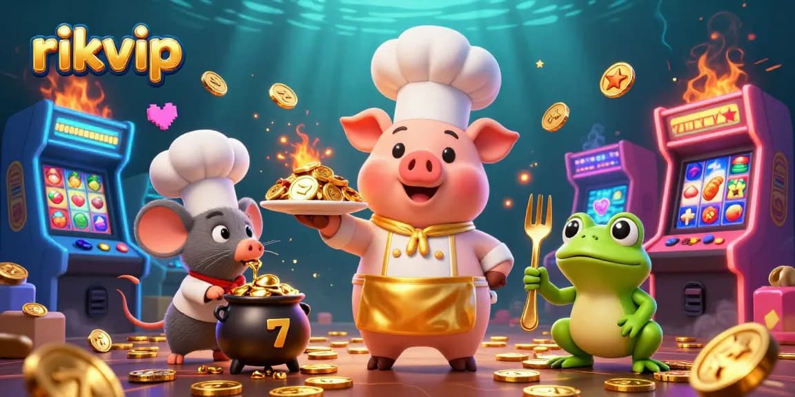 Engage with rikvip's vibrant casino world featuring a chef pig, mouse, and frog in a colorful scene.