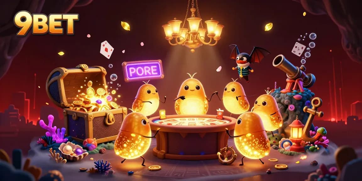 Experience thrilling gameplay with 9BET as glowworms illuminate an underwater casino scene filled with treasures.