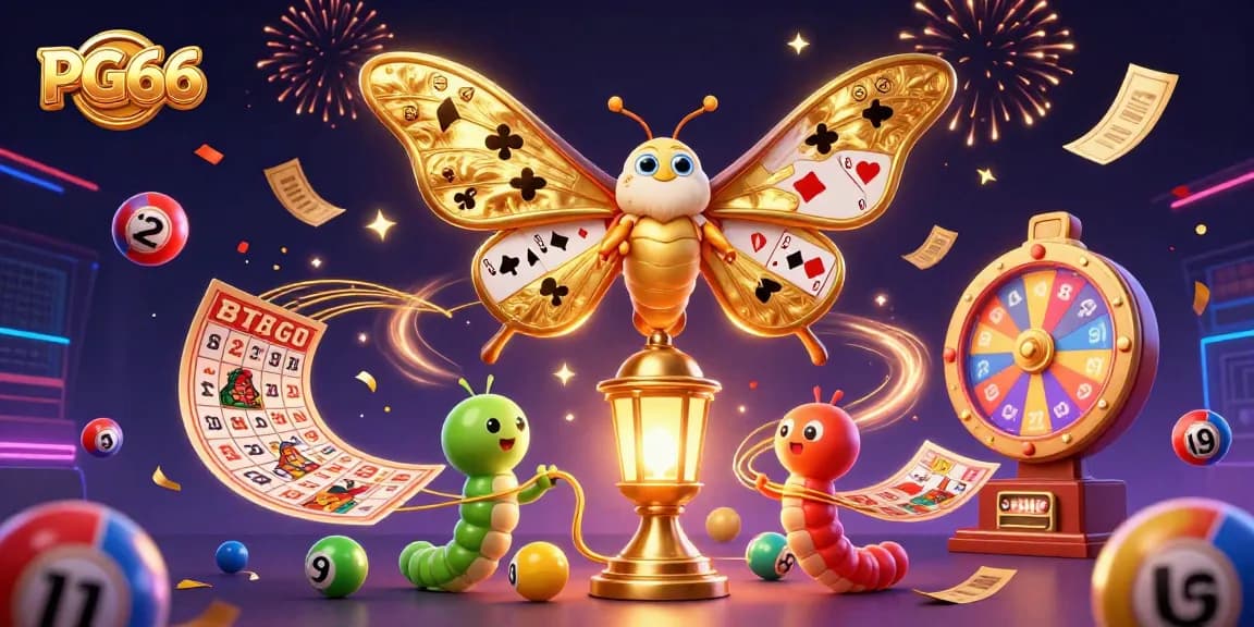 Experience the exciting world of PG66 with colorful lottery elements and a golden moth illustration.