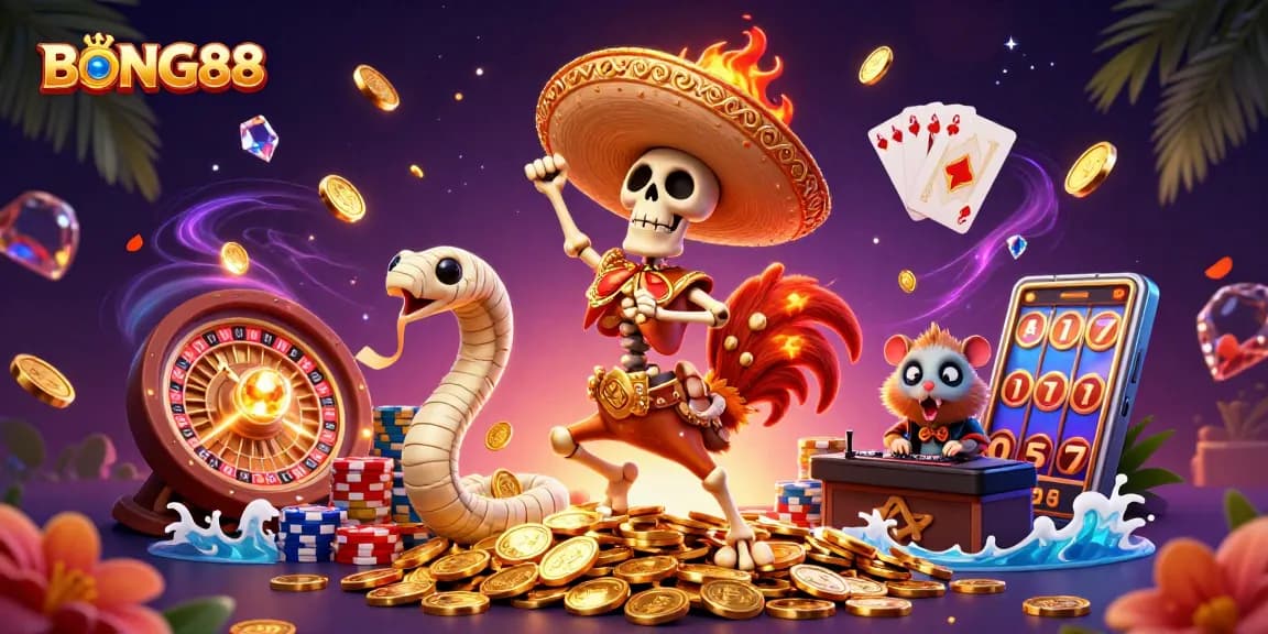 Participate in thrilling casino fun with BONG88, featuring a lively 3D casino scene filled with action.