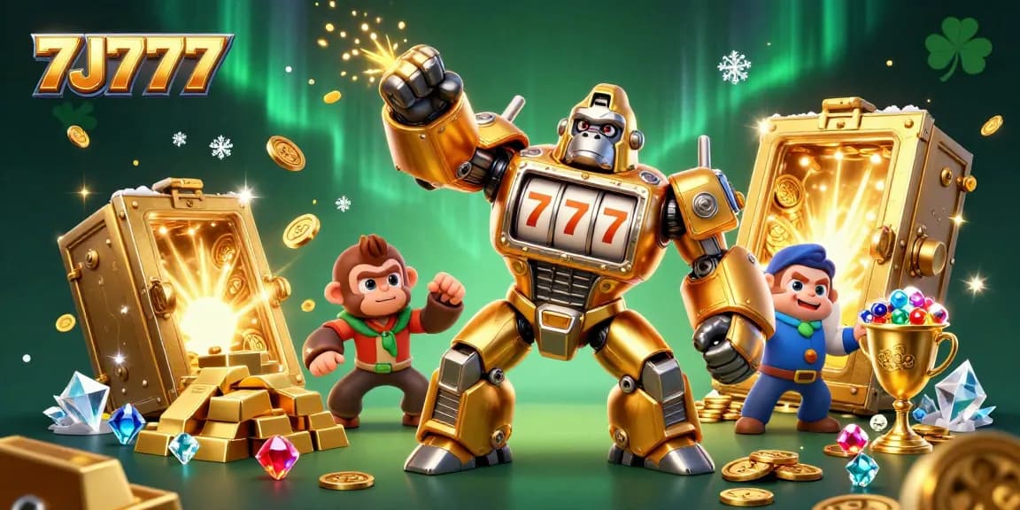 Engage with 7J777's vibrant slot machine adventure featuring a golden gorilla mech and treasure vaults.