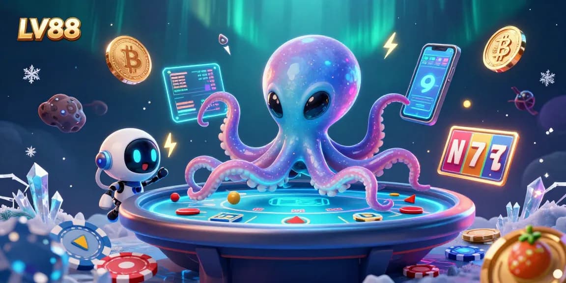 Experience thrilling poker action with LV88's playful alien octopus and vibrant crypto elements.