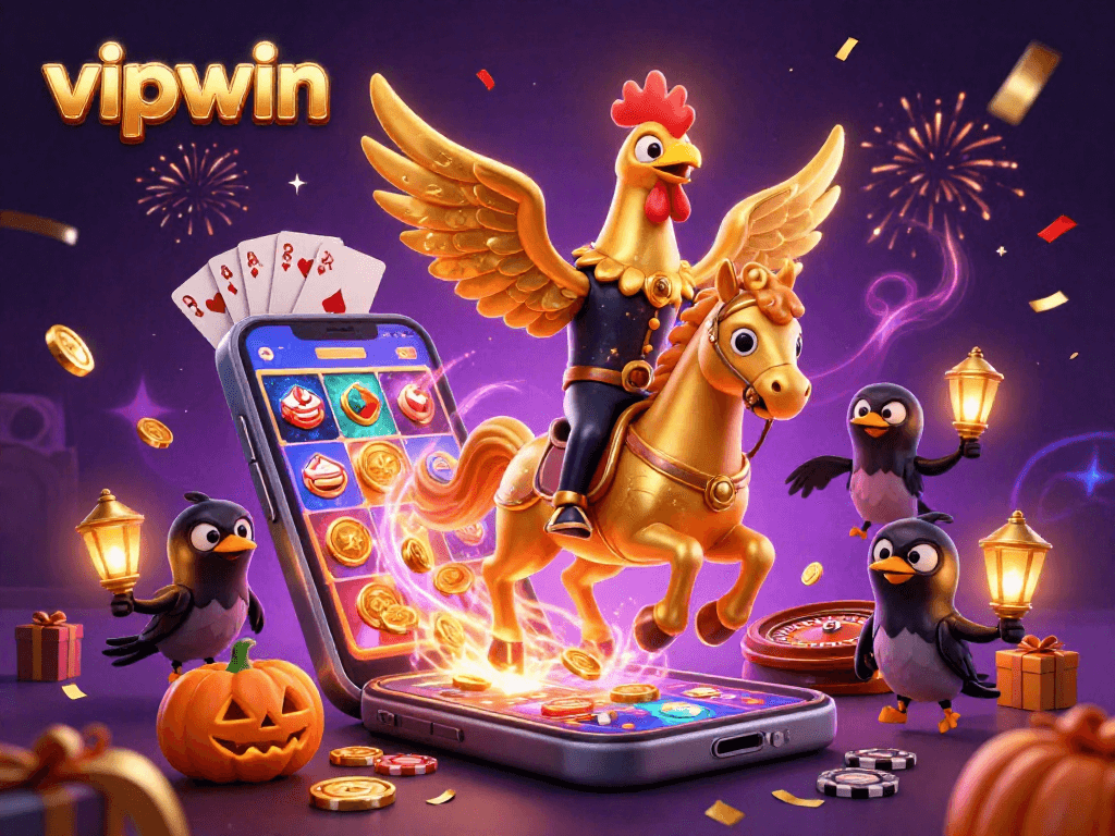 Spin to win with vipwin in this vibrant casino scene featuring a golden rooster on a spectral horse.