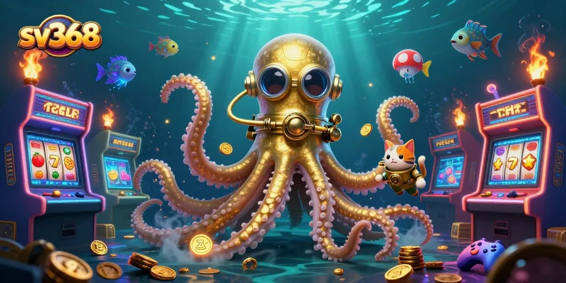 Experience thrilling gameplay with sv368 as golden kraken and a diving cat captivate in a vibrant casino scene.