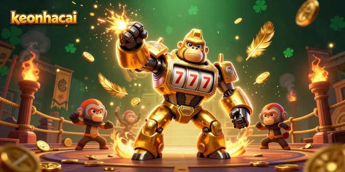 Engage with keonhacai through a dynamic scene featuring a golden gorilla mech in an exciting casino atmosphere.