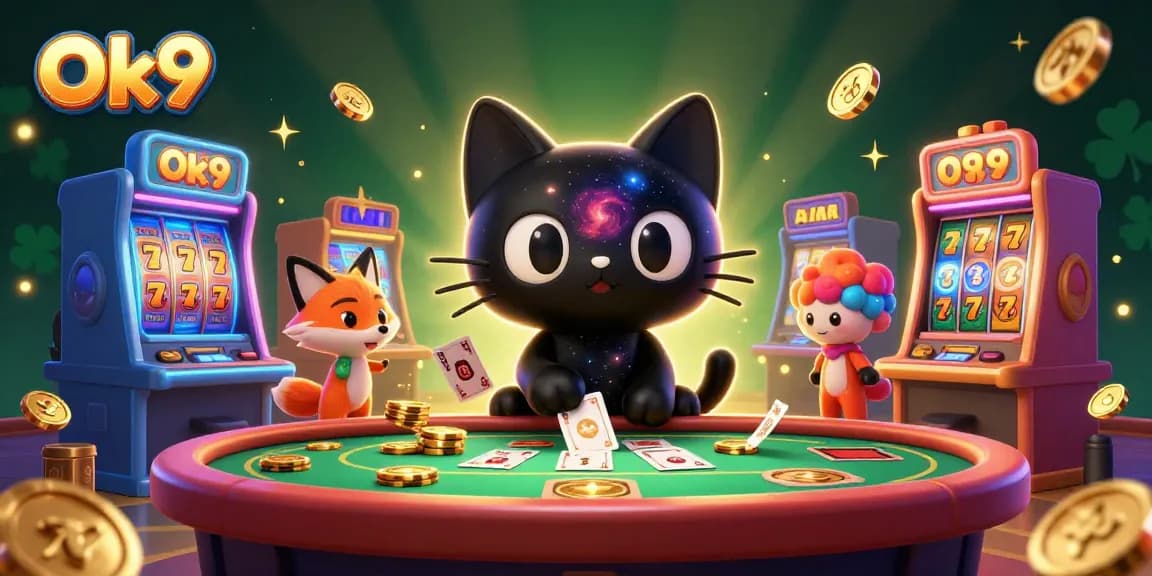 Engage in thrilling gameplay at Ok9's casino with vibrant slot machines and a cosmic atmosphere.