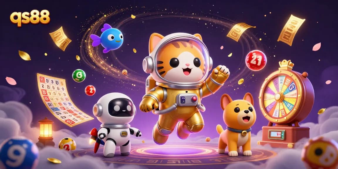 Play and win at qs88 with vibrant lottery balls, golden tickets, and exciting gaming elements.