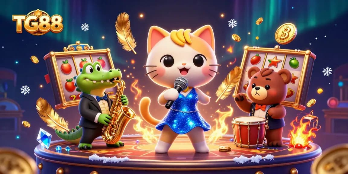 Join TG88's exciting casino experience with a jazz-singer cat, a saxophone crocodile, and a drumming bear.