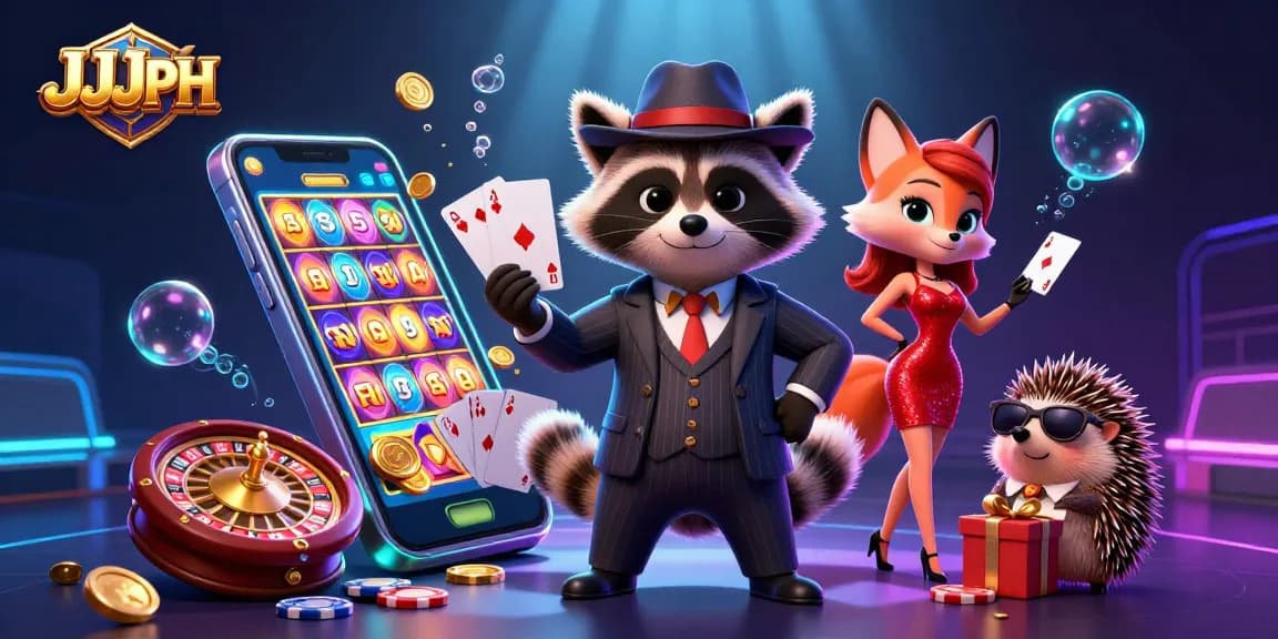 Join the JJJPH raccoon in the thrilling world of casino games, winning jackpots and spinning reels.