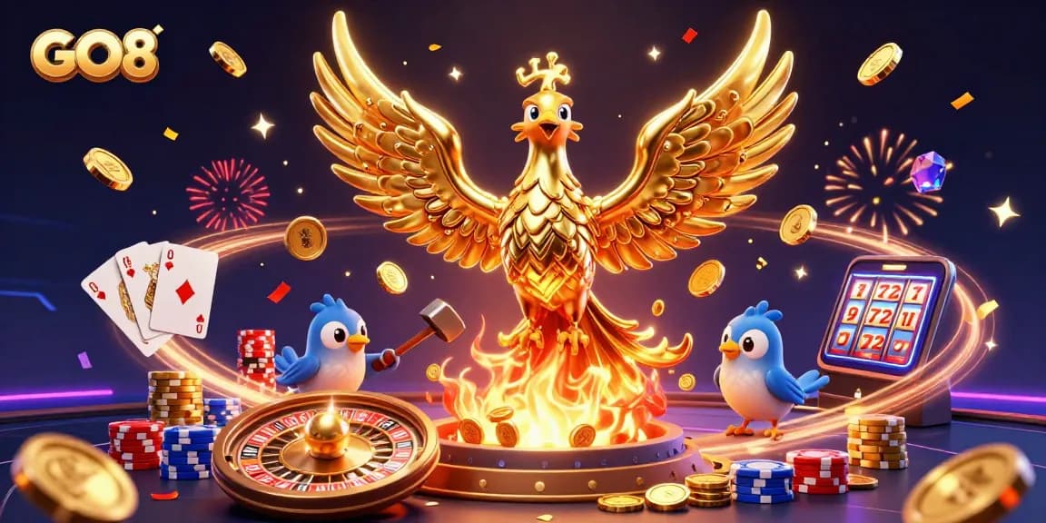 Engage with exciting GO8 casino adventures showcasing golden phoenix and vibrant gaming elements.