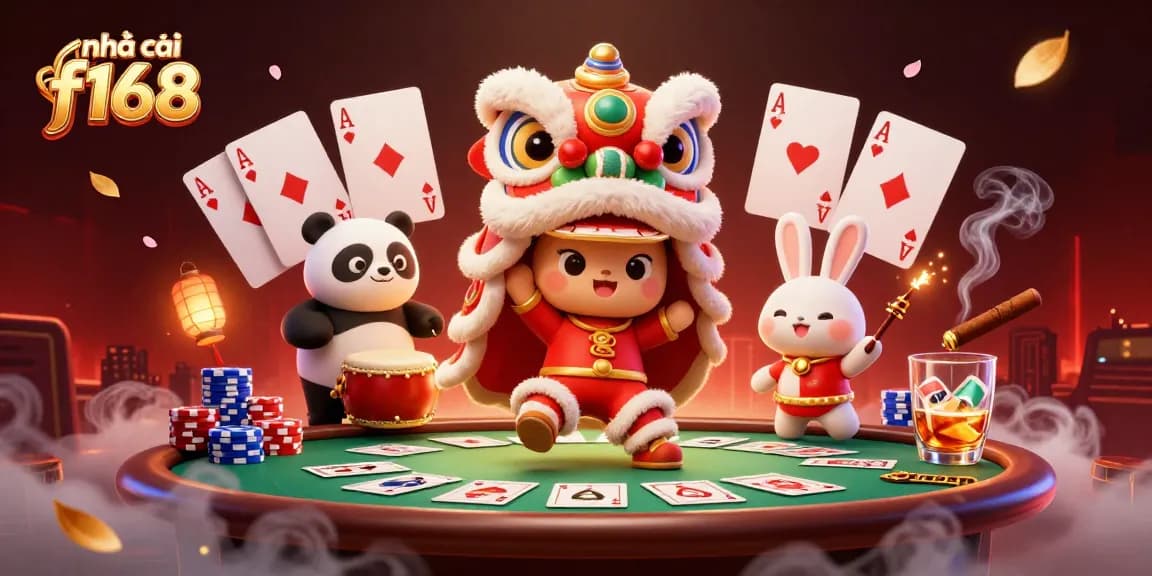 Experience the vibrant world of nhà cái f168 through a lively casino-themed illustration with action-packed characters.