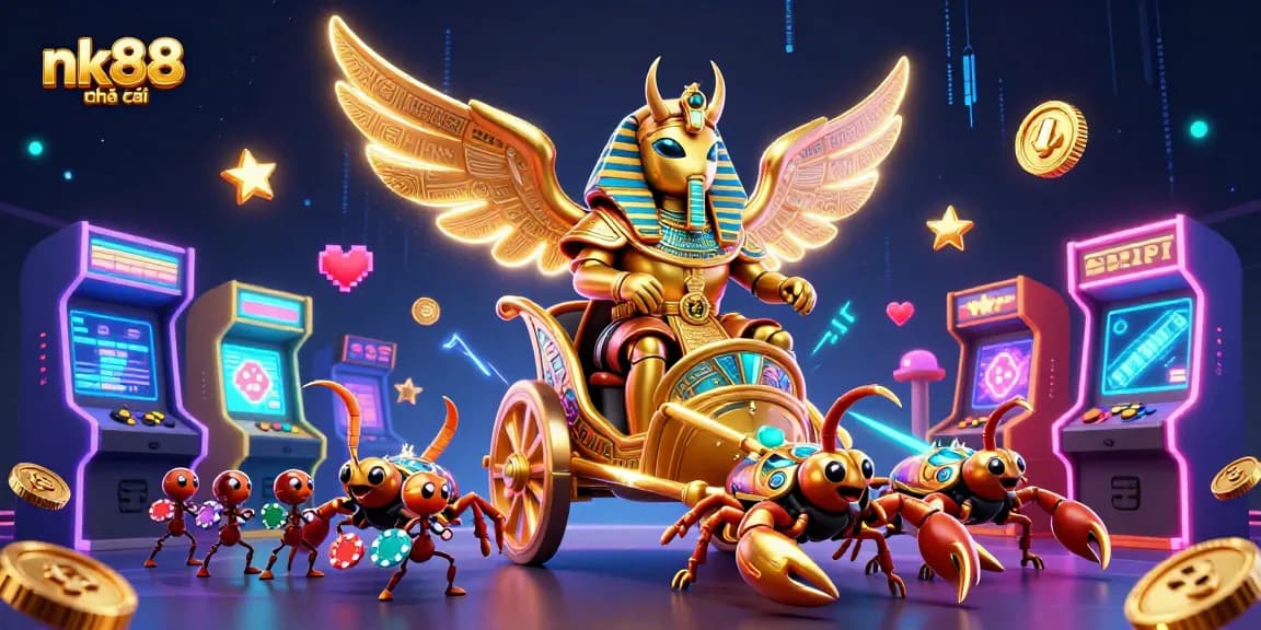Experience thrilling wins at nk88 nhà cái with vibrant 3D casino elements and golden characters.