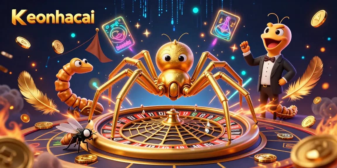 Engaging keonhacai scene showcasing a golden spider making bets in a roulette-themed web, highlighting dynamic gambling action.