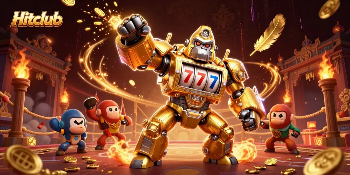 Hitclub's golden gorilla mech powerfully punches upward, celebrating big wins in online gambling.