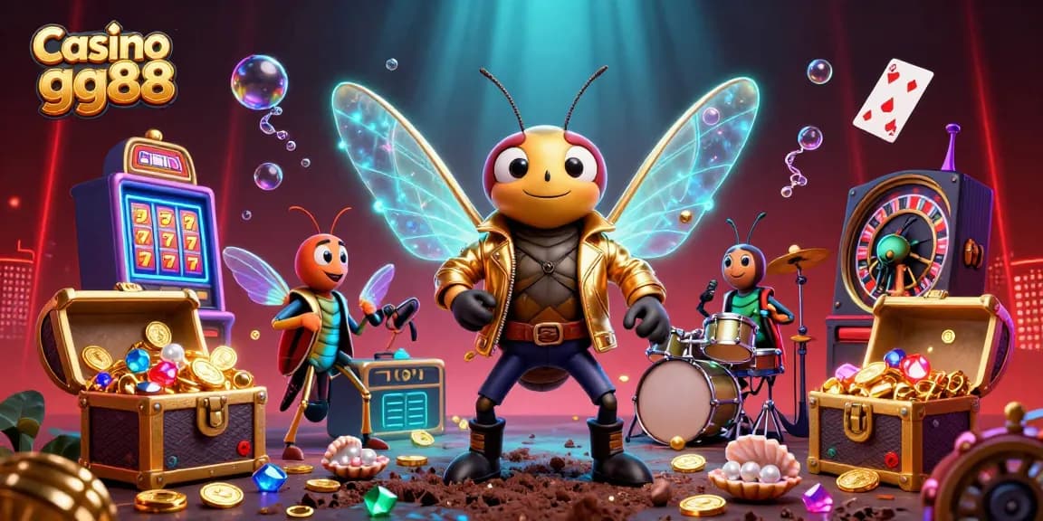 Experience vibrant action at Casino gg88 with a cartoon cicada rock star surrounded by slot machines and treasure.
