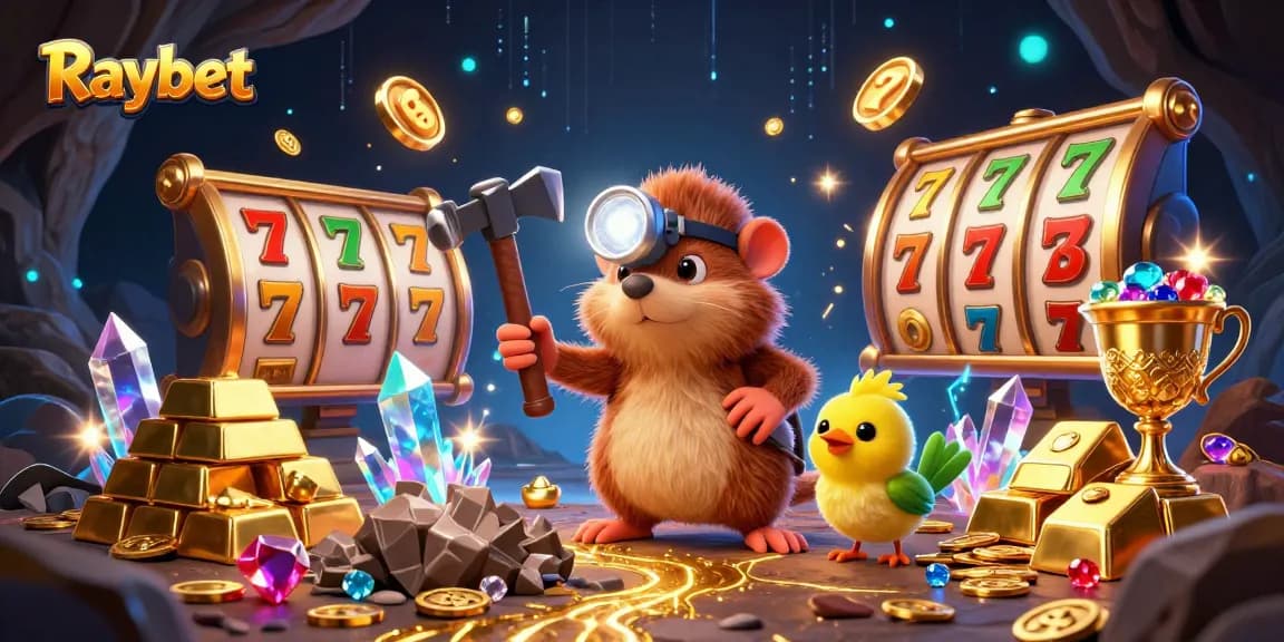 Raybet gaming adventure with treasure hunter characters amid slot reels, gems, and jackpots.