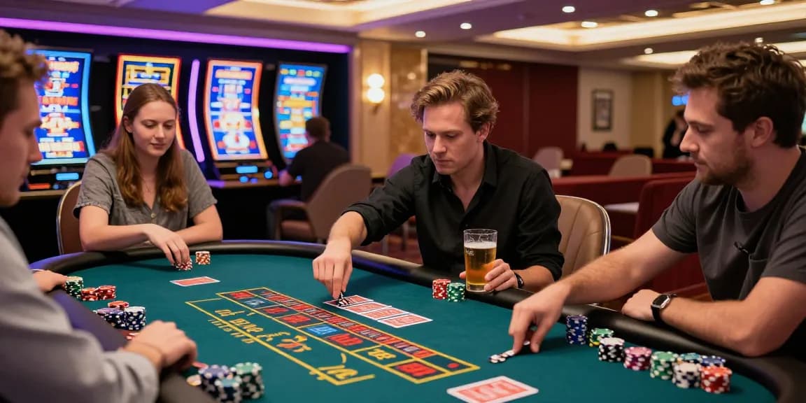 Engaged friends enjoying thrilling gaming experience at ok8386.com casino with vibrant atmosphere.