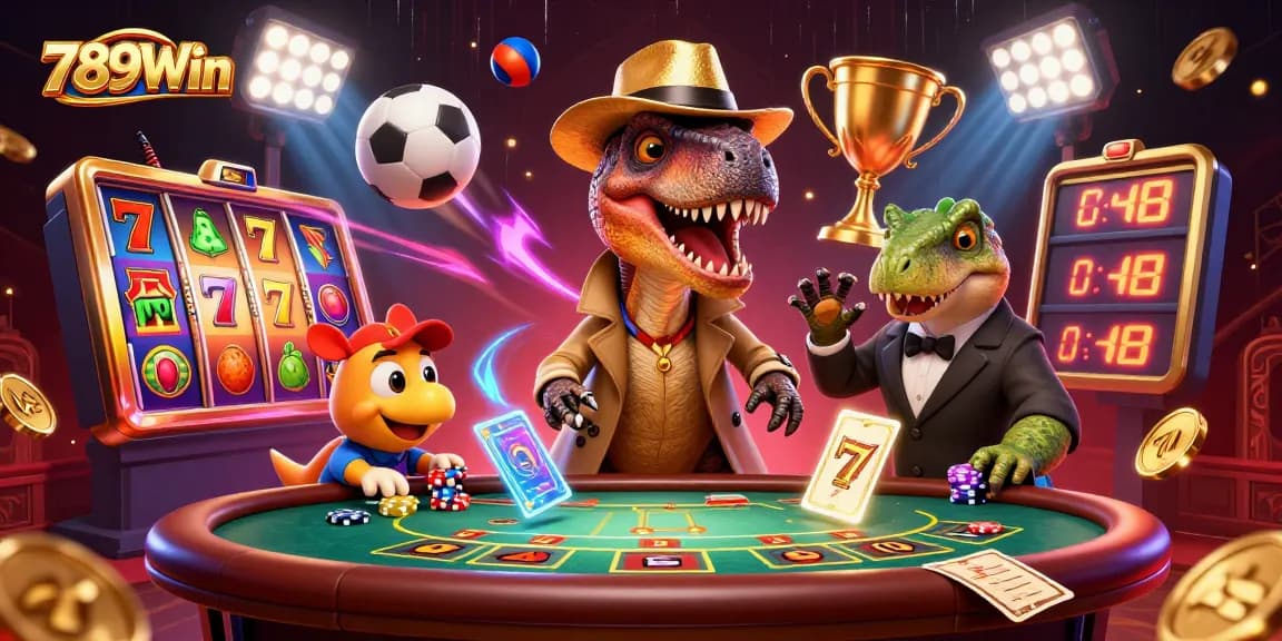 Engage with 789Win as a velociraptor card counter interacts at a vibrant casino table surrounded by slot machines.