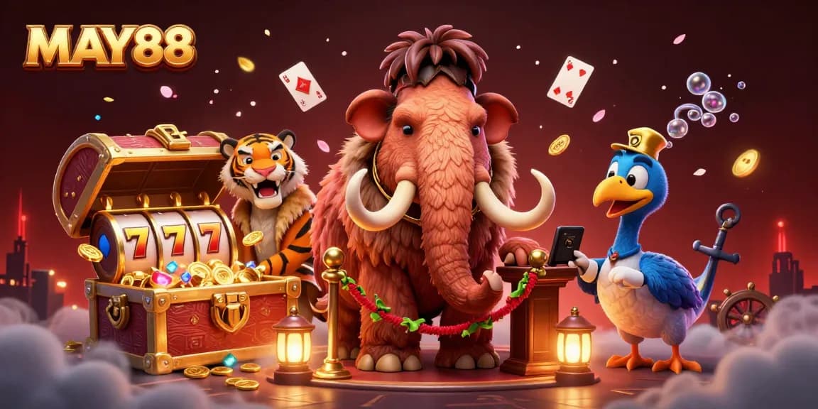 MAY88 invites players to join a vibrant casino scene featuring a woolly mammoth bouncer and a saber-tooth tiger VIP.