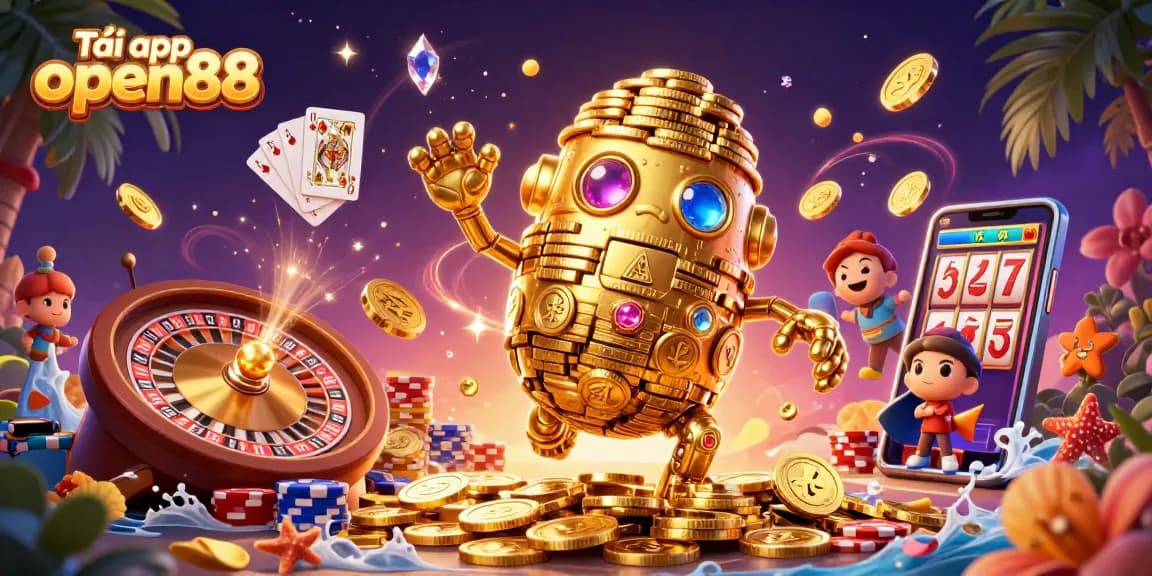 Experience the thrill of Tải app open88 with a vibrant 3D casino scene filled with gold coins and winning elements.