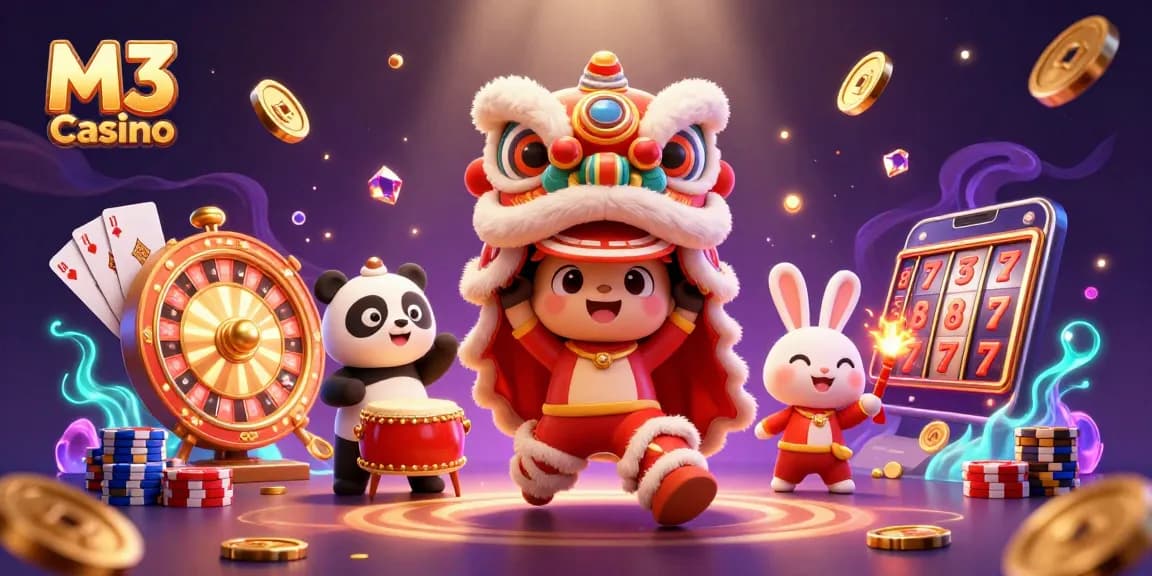 Engage with M3 Casino's vibrant illustration featuring festive characters and dynamic gaming elements.