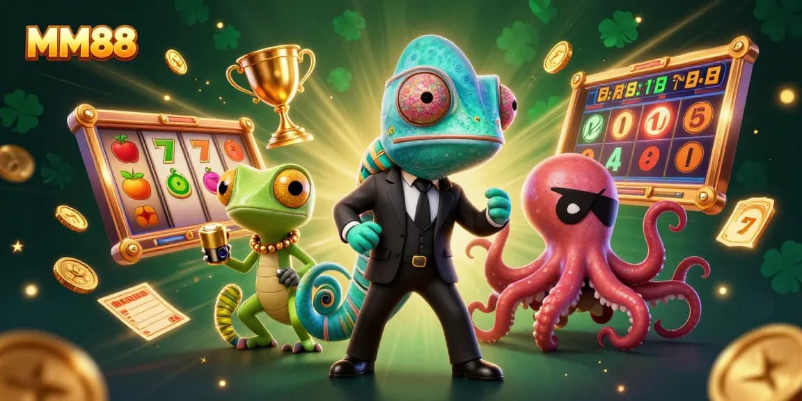 Spin the reels at MM88, featuring dynamic slot elements with a vibrant casino atmosphere.