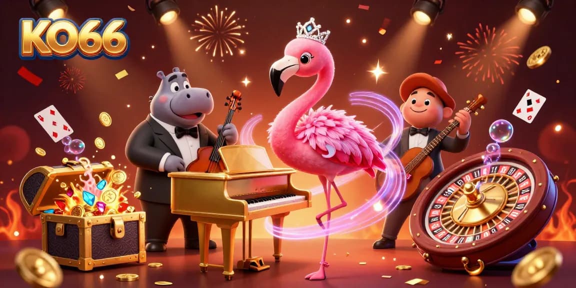 Witness KO66's iconic flamingo singer and hippo bassist amidst a vibrant casino scene.