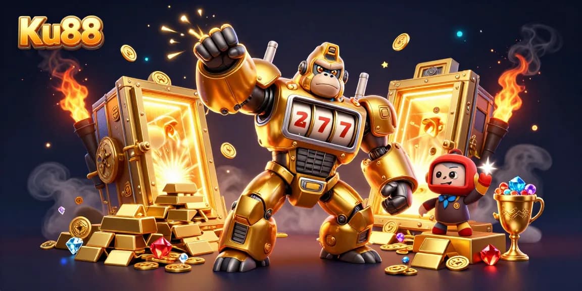 Blast winning Jackpots at Ku88 with a golden gorilla mech amidst dazzling treasures!