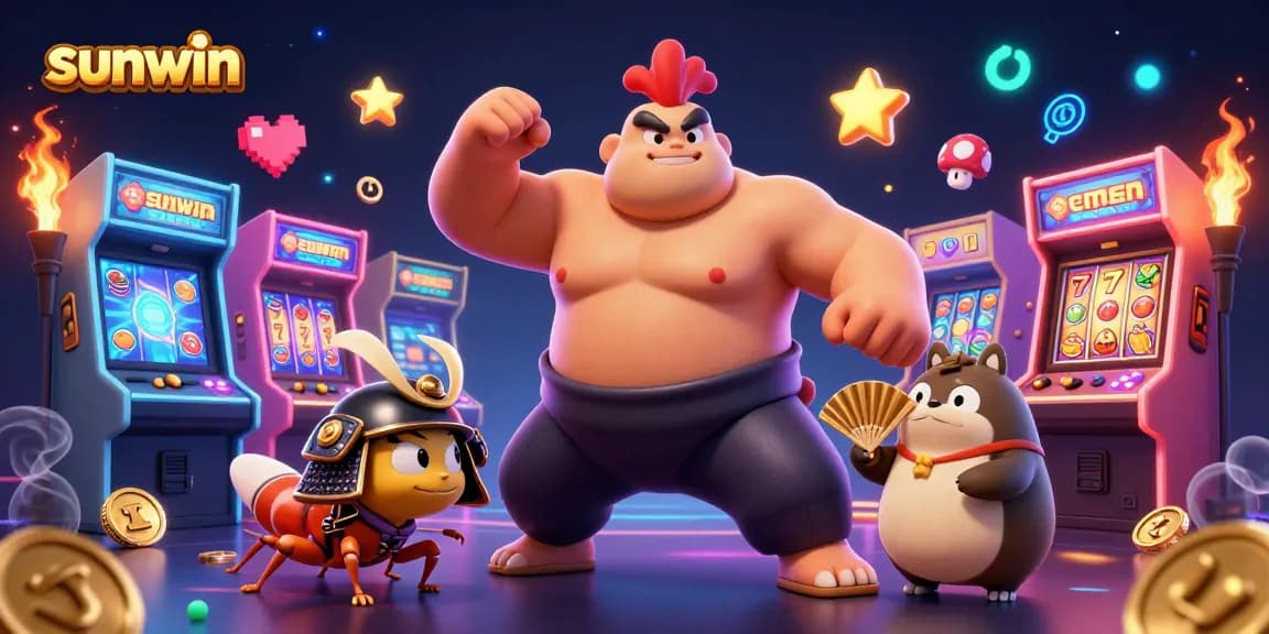 Play sunwin games with features like slot reels and animated characters in a vibrant casino scene.