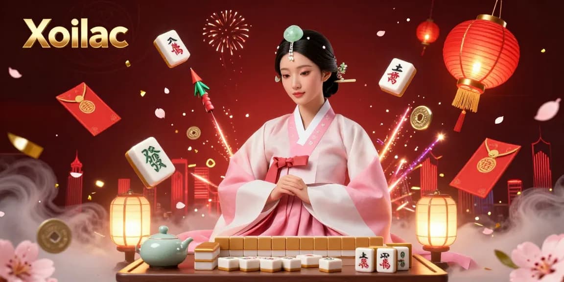 Xoilac captures a vibrant casino scene with a serene Asian woman and dynamic gambling elements.
