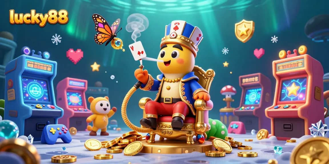 Experience lucky88 in a vibrant casino scene with a hookah-master caterpillar and glowing arcade games.