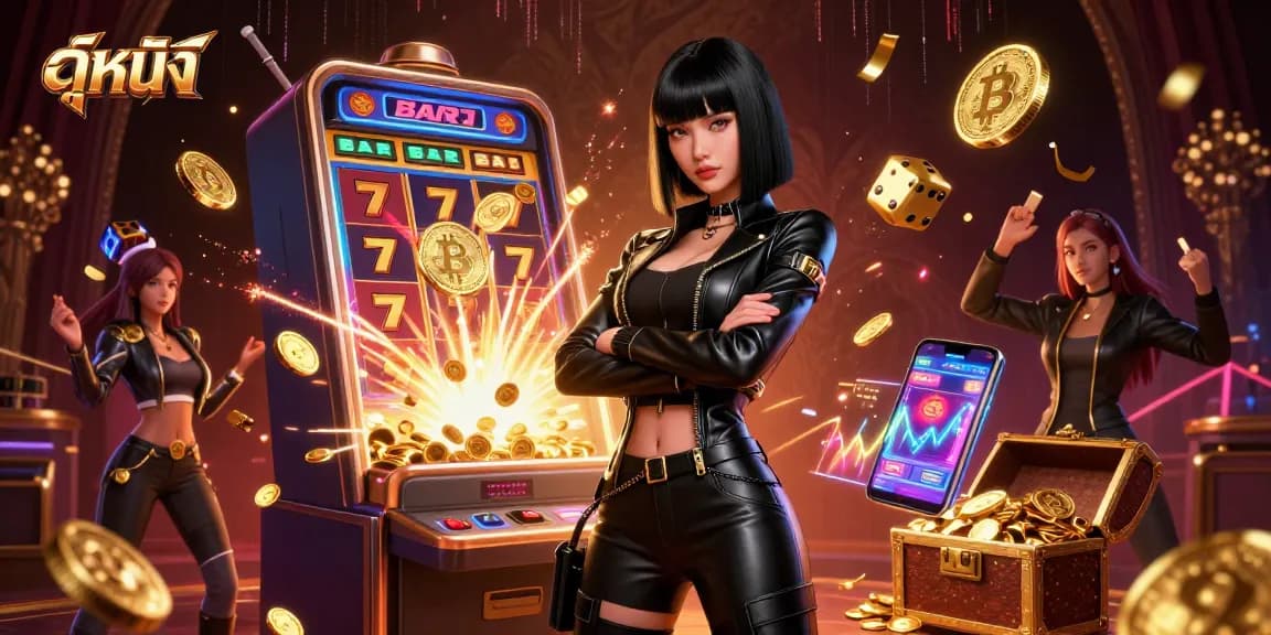 Engage with ดูหนัง as the stunning scene bursts with colorful slot machine jackpots in this energetic casino setting.