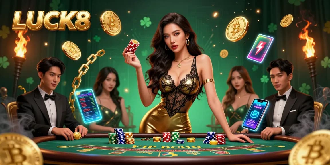 Experience the thrill of LUCK8 with high-value casino chips at a VIP baccarat table in an exclusive setting.