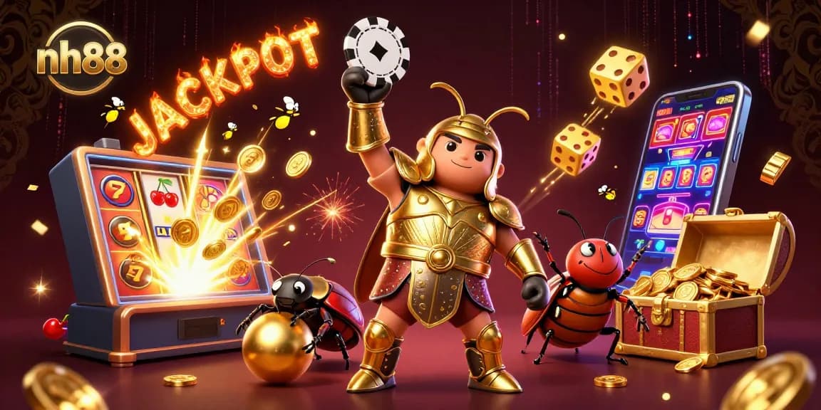 nh88 celebrates a jackpot moment with vibrant 3D characters, showcasing an engaging casino experience.