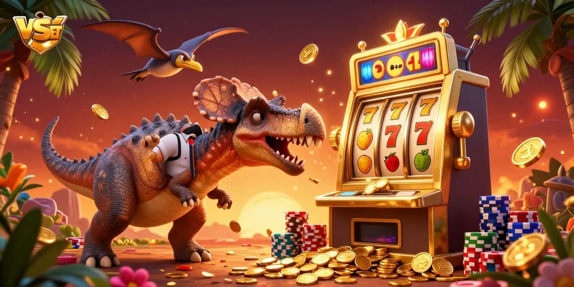 VSBET showcases an animated scene with a dinosaur headbutting a slot machine for jackpot coins.