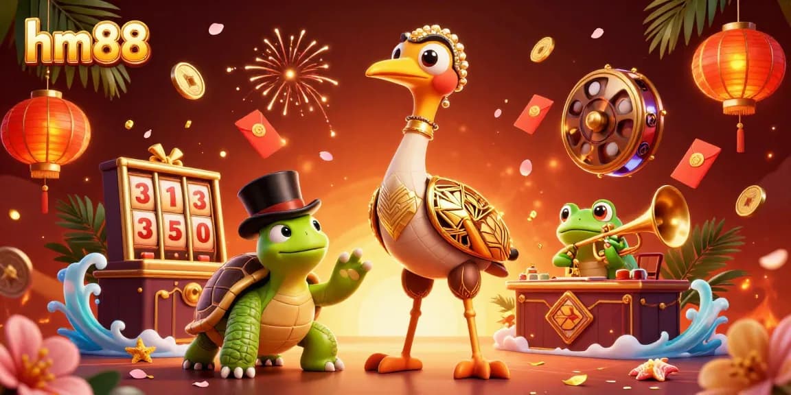 Join the excitement with hm88 as the crane and turtle celebrate jackpot wins at a vibrant casino.