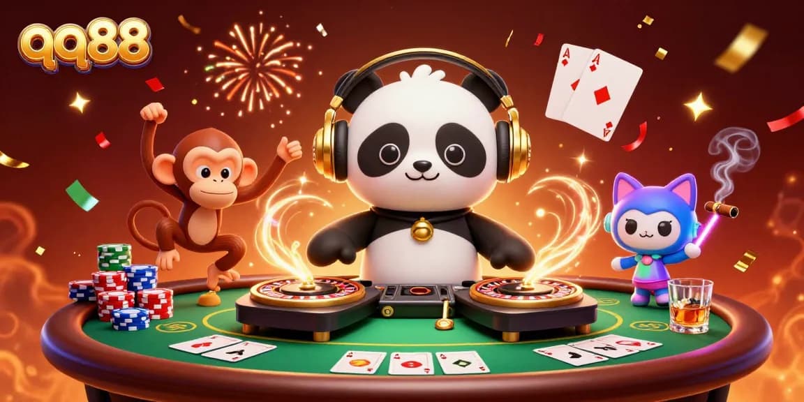Engage with qq88's vibrant casino scene featuring animated characters enjoying a lively gaming experience.