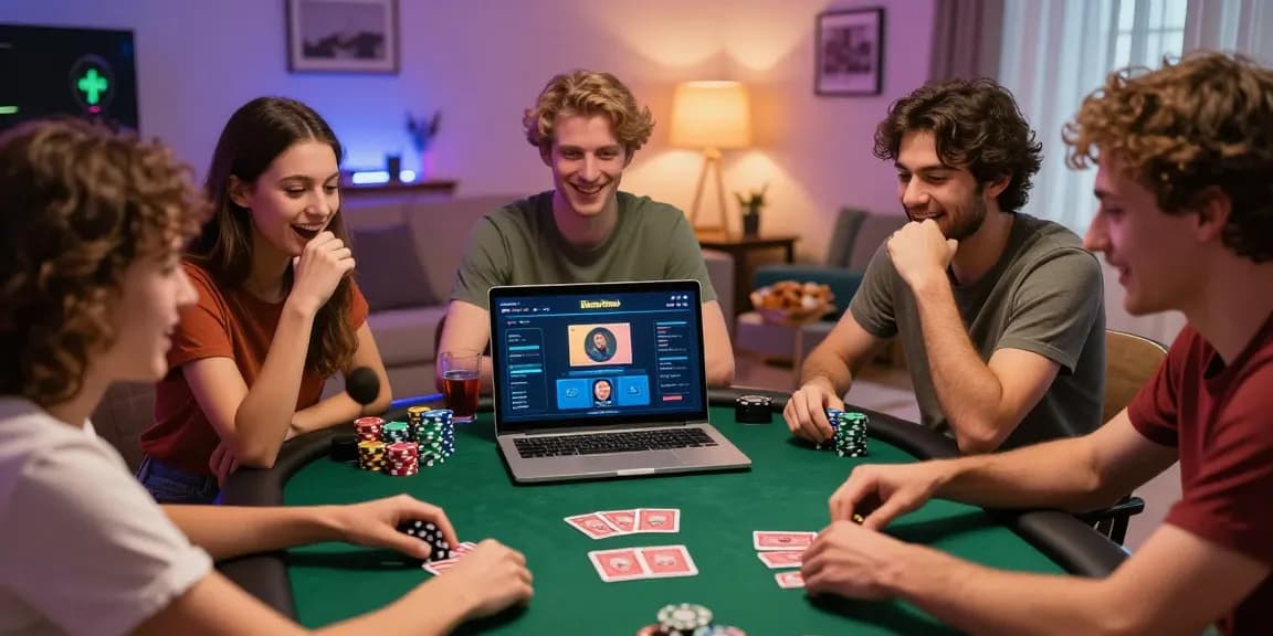 Exciting poker game with friends enjoying Poker Idn Terpercaya on Dewa Poker online platform, lively atmosphere, and gaming elements.