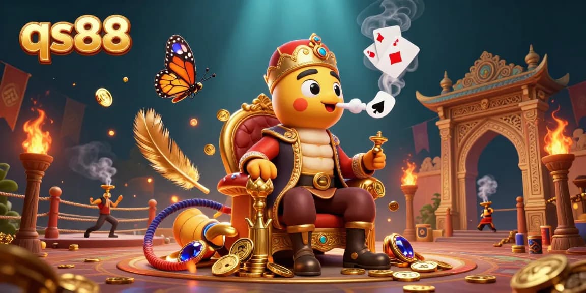 Engage with qs88’s vibrant casino world, featuring a magical caterpillar master surrounded by dynamic gambling elements.