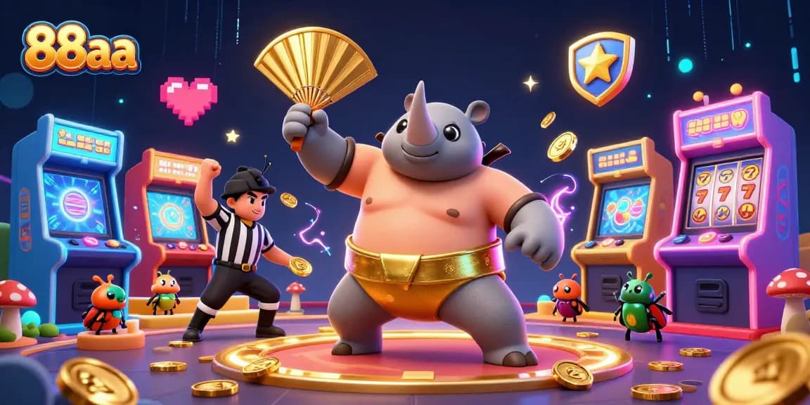 Engage with 88aa as colorful coins fly in a dynamic 3D casino scene featuring a beetle sumo champion.
