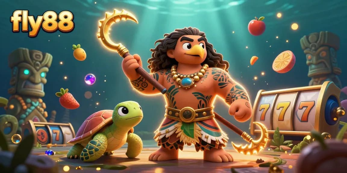 Experience the excitement of fly88 with a vibrant 3D illustration of a tattooed demigod and turtle amidst colorful slot reels.
