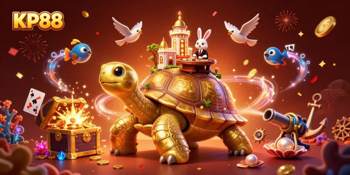 Experience exciting gaming at KP88 with a vibrant casino scene featuring a golden tortoise and a rabbit dealer.