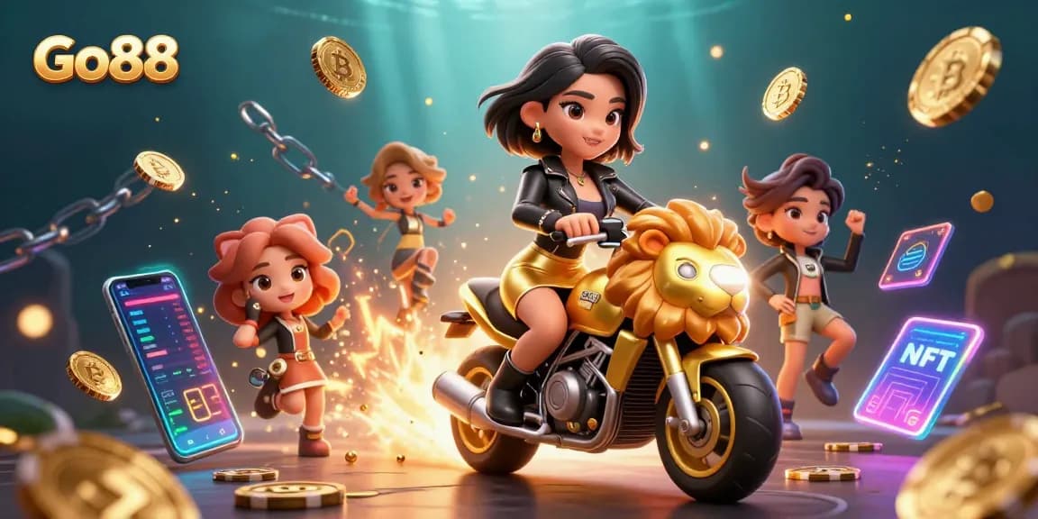 Engage with Go88 and win big while riding a golden lion mascot amidst sparks and flying poker chips.