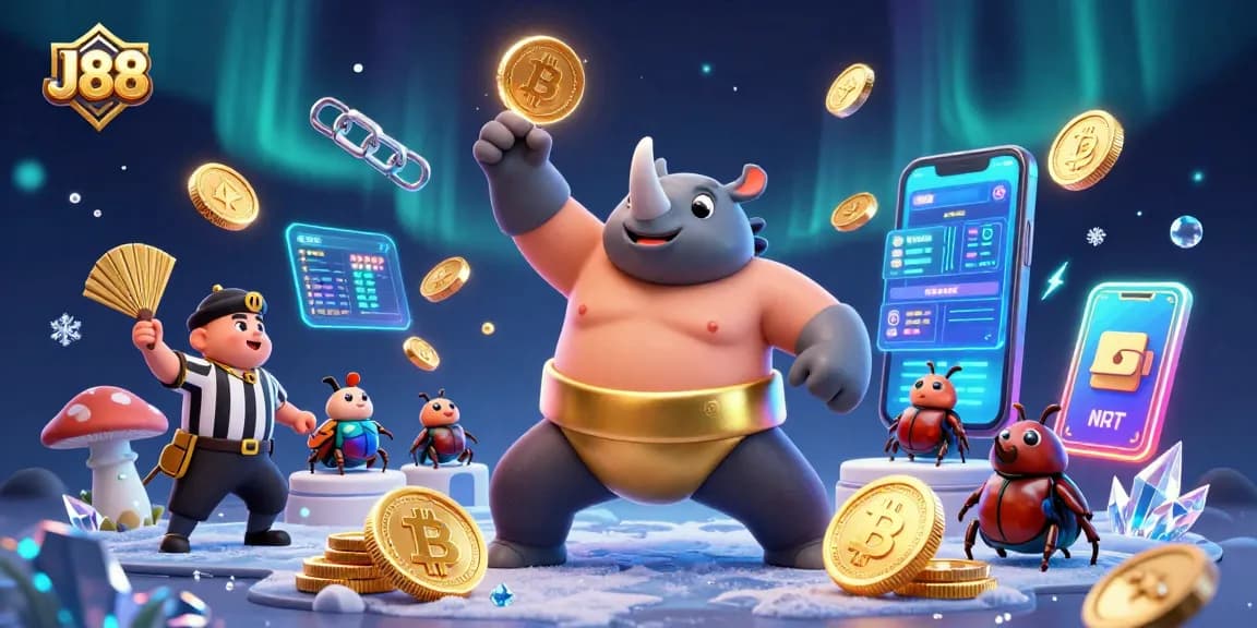Experience thrilling gameplay at J88 with a vibrant casino scene featuring a beetle champion and crypto elements.