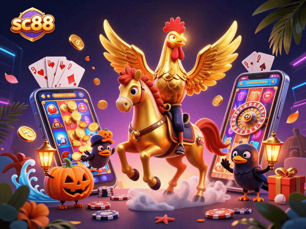 Experience the thrilling sc88 casino with an energetic golden rooster and spooky companions celebrating gaming.