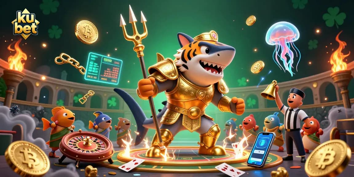 Bet on ku bet with a vibrant tiger shark in golden armor amid a lively casino scene.