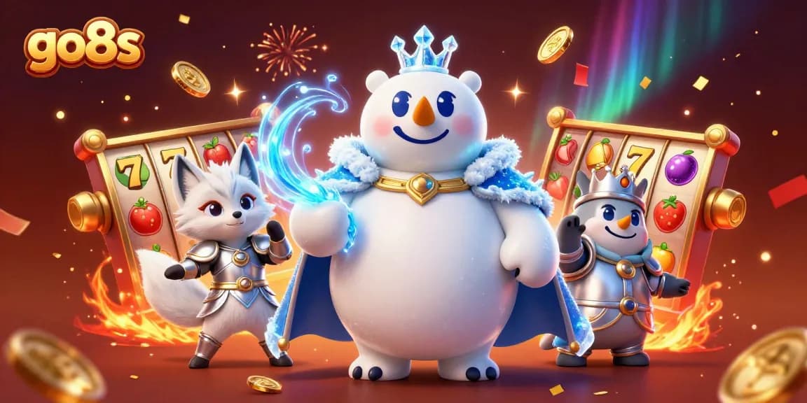 Spin the reels at go8s with a vibrant casino scene featuring dynamic characters and festive elements.